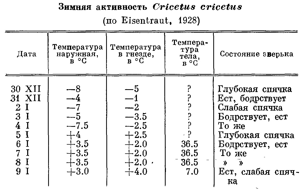 Таблица 1. Зимняя активность Cricetus cricetus (по Eisentraut, 1928).