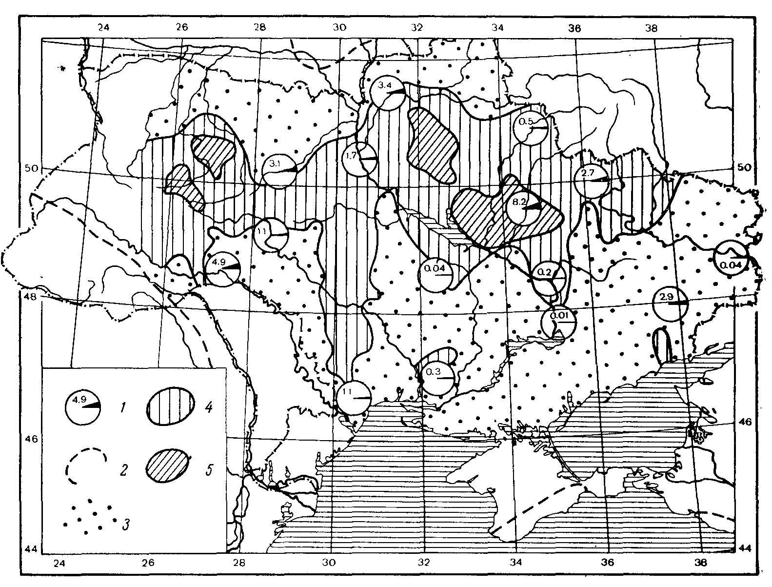 Рис. 2. Частоты распределения меланнстов в популяциях обыкновенного хомяка Cricetus cricetus L. на Украине. Распространение меланнстов приурочено к лесостепной зоне. 1 — частота встреч (в %) меланнстов в 15 областях Украины в 1935—1939 гг.; 2 — границы ареала обыкновенного хомяка (наши данные); 3 — районы, в которых в годы обследования не было обнаружено меланнстов; 4 — районы, в которых встречаются меланисты с частотой ниже 8%; 5 — районы, в которых частота встреч меланистов выше 8% (в Черниговской обл. максимально до 27%, в Полтавской обл. максимально до 41%). Составлено по данным Гершензона (1945а).